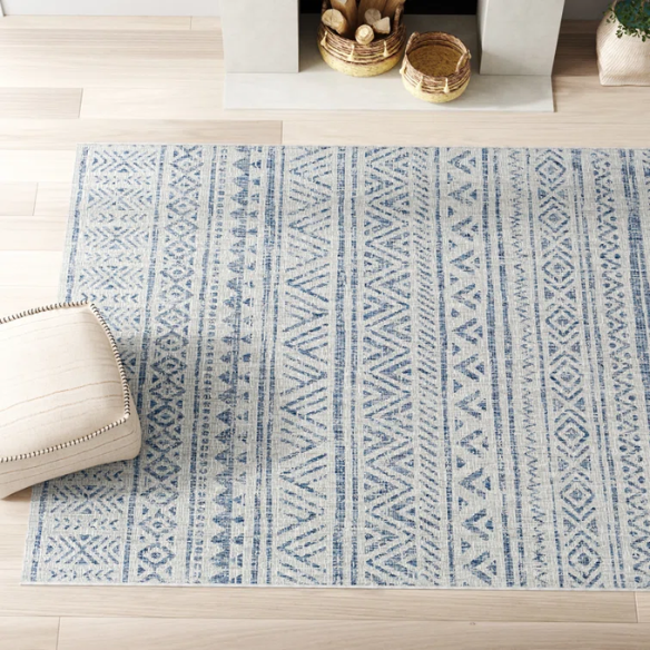 Striped Geometric Area Rug – Blue & Taupe, Durable Polypropylene, Low-Pile Design for High-Traffic Indoor/Outdoor Spaces