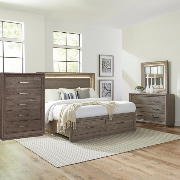 Modern Greystone 4-Piece King Storage Bed, Dresser, Mirror & Nightstand Set with LED Lighting, Built-In Charging Station, and Brushed Nickel Hardware – Floating Panel Headboard and Plinth Base