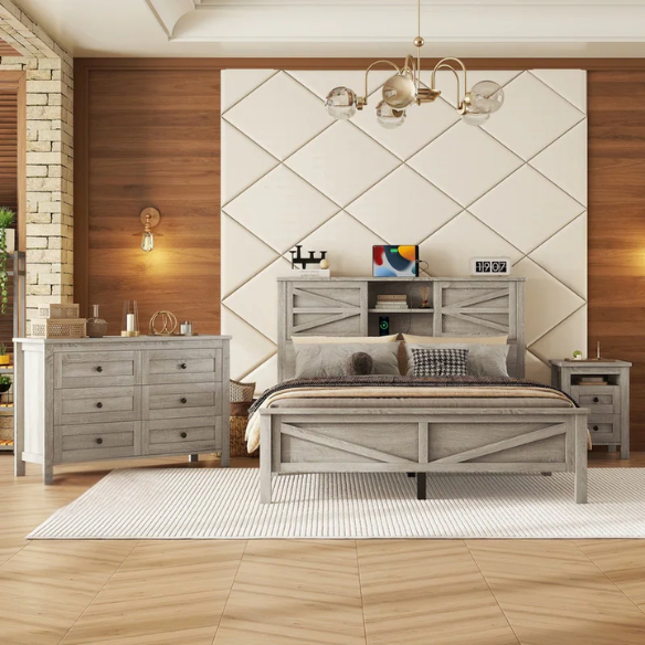 3-Piece Farmhouse Queen Bedroom Set – Platform Bed with Sliding Door Storage Headboard and Charging, Nightstand, and Dresser – Modern Design with Ample Storage