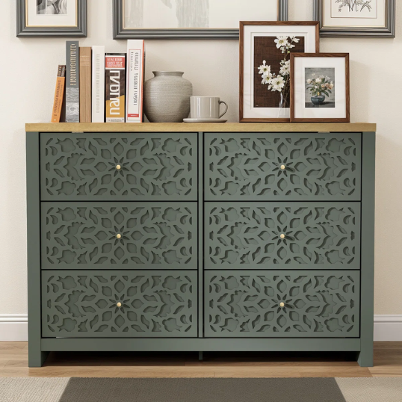 Boho-Inspired 45.4" 6-Drawer Dresser with Distressed Finish and Openwork Floral Details