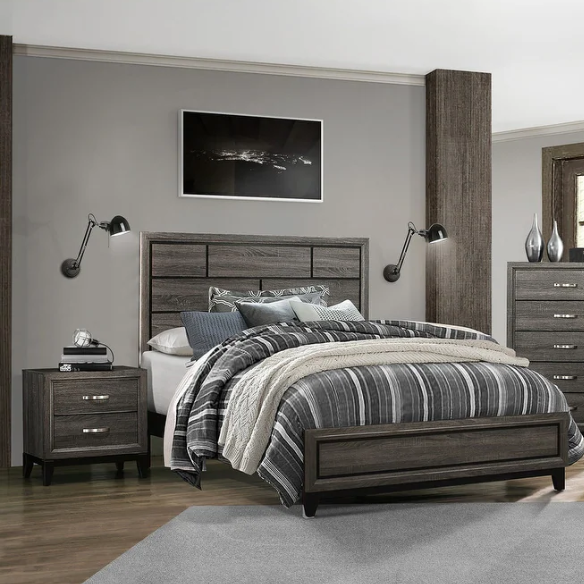 5-Piece Gray Modern Panel Bedroom Set with Wood Grain Accents & Nickel Metal Hardware