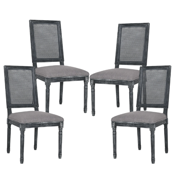 French Country Wood and Cane Upholstered Dining Chairs – Weathered Rubberwood Frame with Fluted Legs & Rectangular Cane Backrest