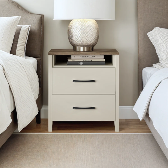 22.7" 2-Drawer Nightstand – Space-Saving Modern Minimalism, Engineered Wood with Clean-Lined Silhouette, Neutral Finish, Open Cubby & 2 Spacious Drawers for Bedroom Storage, Ideal for Tech & Accessories