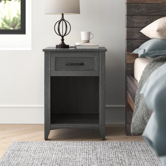 Farmhouse-Style Nightstand with Built-In Charging Station – Engineered Wood, Spacious Top, Drawer & Open Compartment, Matte Black Metal Handle, USB-A & USB-C Ports, AC Outlets, Ideal for Bedroom or Living Room