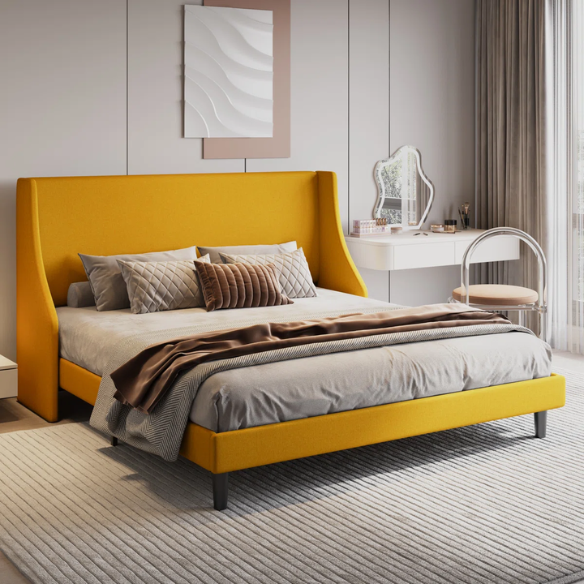Luxurious King Size Upholstered Platform Bed with Deluxe Wingback Headboard – Soft Velvet and Linen Blend Upholstery, Sturdy Solid Wood Frame, and Modern Minimalist Design for Ultimate Comfort