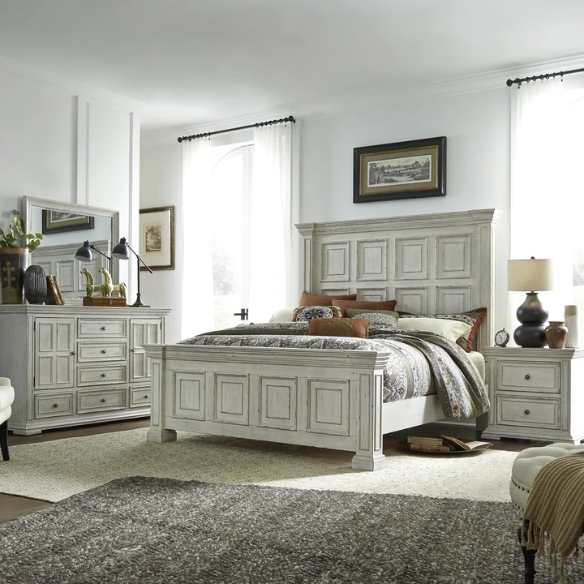 4-Piece Panel Bed, Dresser, Mirror & Nightstand Set with Antique Pewter Accents and Charging Station – Distressed Whitestone Finish, Rubberwood Solids, and Architectural Det