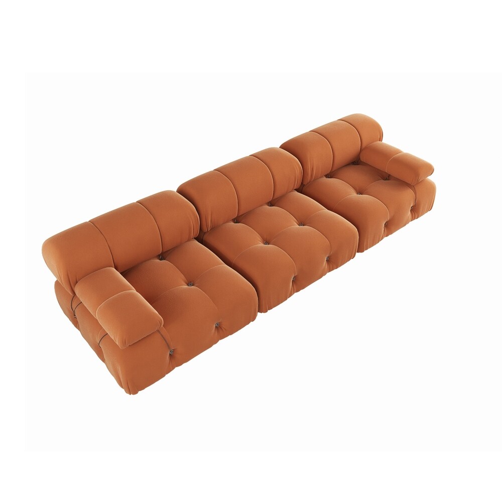 Modern burnt orange velvet sectional sofa with plush upholstery, button tufting, and durable wood frame. Versatile design with individual seat cushions for ultimate comfort, supporting up to 330 lbs per seat. Perfect for living rooms, offering easy assembly and a sleek, contemporary style.