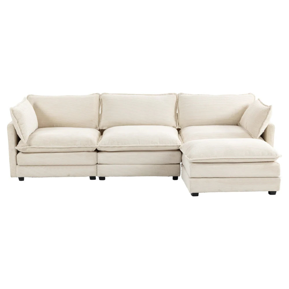 Modern 4-piece L-shaped sectional sofa in premium beige corduroy fabric. Features high-elastic sponge cushions, sturdy metal and wood frame, and a movable ottoman for flexible configurations. Easy assembly and versatile design perfect for living rooms, bedrooms, or offices.