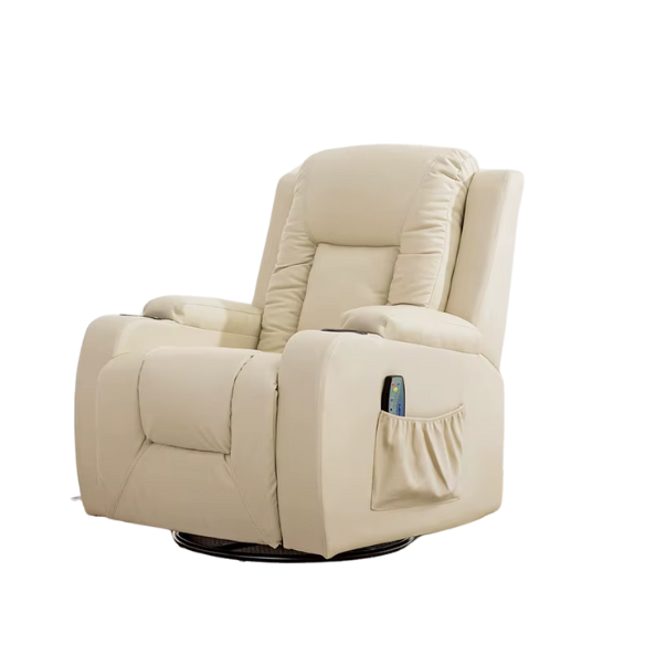 Cream white massage recliner with heating, vibration, and reclining features for ultimate comfort, including 8 massage motors, 4 targeted zones, and remote control.