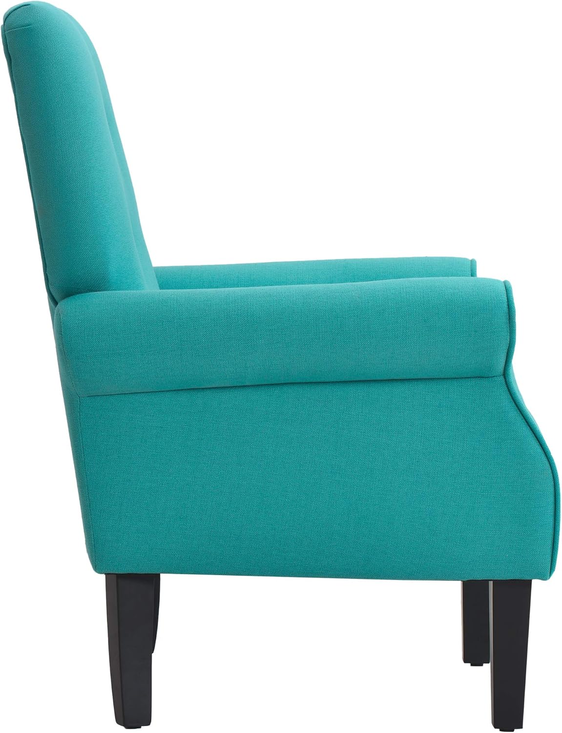 A teal solid-colored accent chair featuring a sleek modern design with a tufted wingback, padded armrests, and a wide, cushioned seat. Supported by elegant, tapered wooden legs, this chair combines comfort with sophistication, making it a perfect addition to a living room, office, or reading nook. The rich teal upholstery adds a pop of color to the space, complementing various décor styles.