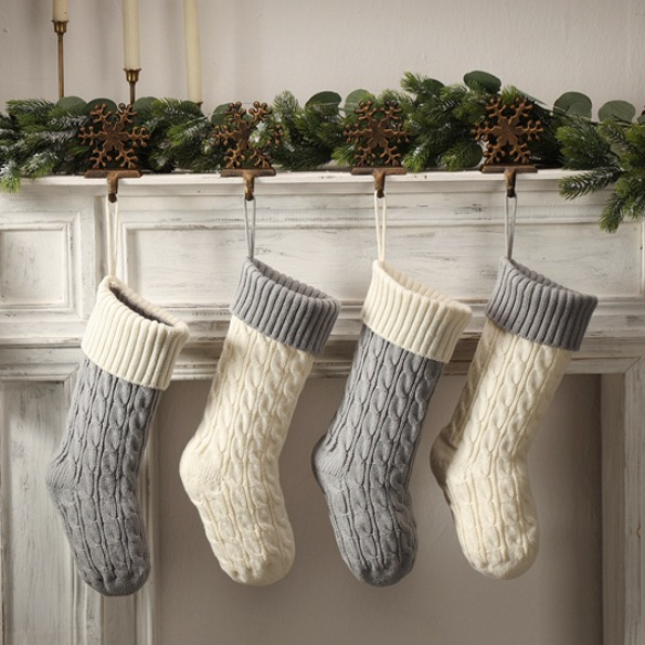 Grey Top with White Knitted Christmas Stocking – Cable Knit Holiday Gift Bag with Soft Lining