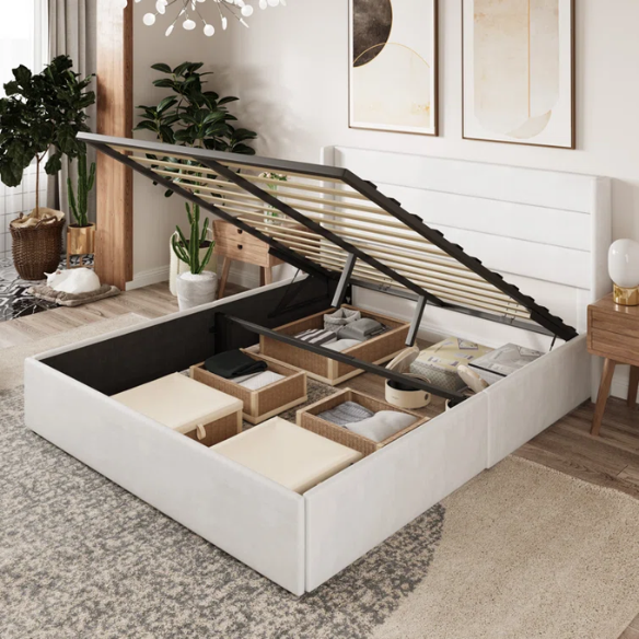 Luxurious Velvet Upholstered Hydraulic Lift-Up Storage Platform Bed – Full/Double Size with Sleek Design & Maximized Space