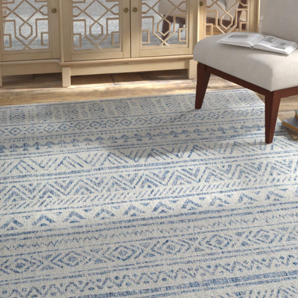 Striped Geometric Area Rug – Blue & Taupe, Durable Polypropylene, Low-Pile Design for High-Traffic Indoor/Outdoor Spaces