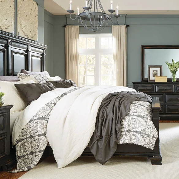 4-Piece Vintage Black Wood Panel Bedroom Set with Distressed Parchment Finish – Traditional Elegance with Silver Accents, Beveled Drawer Fronts, and Brass Rosette Knob Hardware