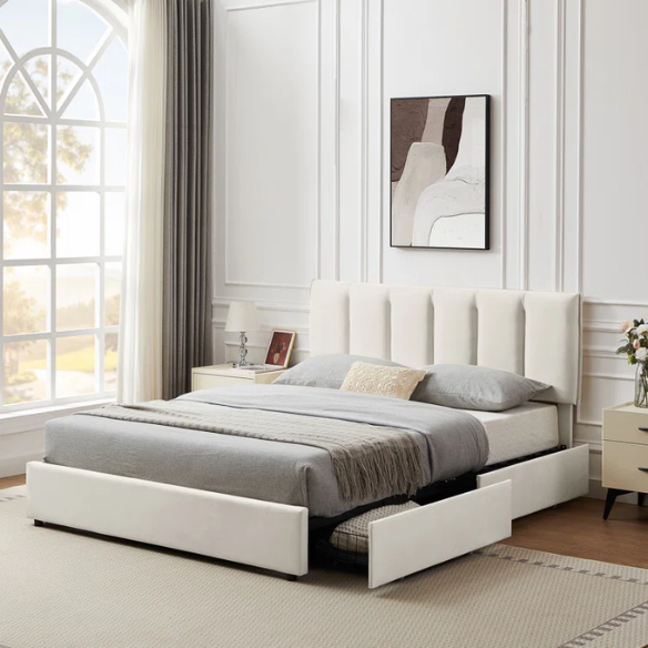 Velvet Upholstered Queen Size Platform Bed with Adjustable Headboard and 4 Storage Drawers