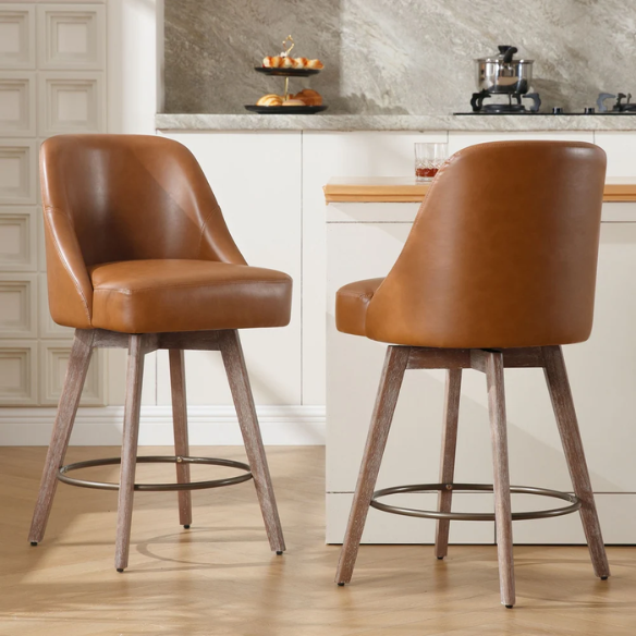 Modern Counter Height Swivel Bar Stool – Upholstered Faux Leather/Polyester Blend Seat, Solid Beech Wood Frame, Ergonomic High Back, Bronze Metal Footrest, 300lb Capacity for Kitchen, Bar, or Pub
