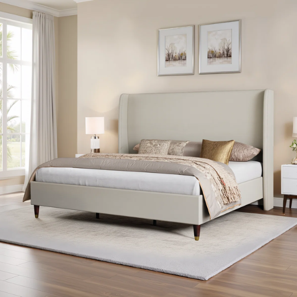 Queen Size Sleek and Minimalist Upholstered Platform Bed with Soft Linen Fabric – Elegant and Modern Design