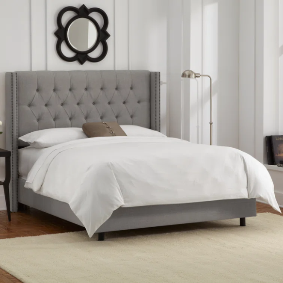 Timeless Upholstered Wingback King Size Bed with Button Tufting and Nailhead Trim