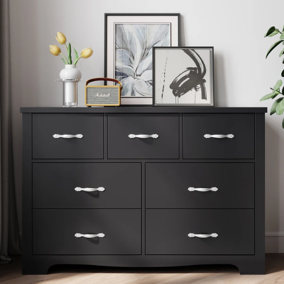 French Country-Inspired 47.2" 7-Drawer Double Dresser with Scalloped Apron and Elegant Metal Handles