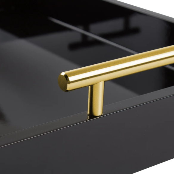 Sleek and Sophisticated Long Rectangular Serving Tray – High Gloss Wood with Polished Metal Handles, Perfect for Entryway, Vanity, or Coffee Table