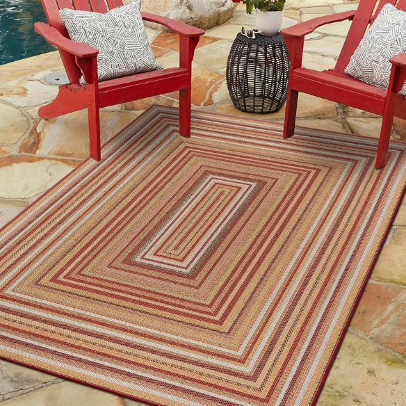 Coastal-Inspired Geometric Rug – Fade & Stain-Resistant, Burgundy,Ivory,Orange,Green,Blue Pattern, Ideal for Indoor/Outdoor Use