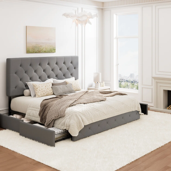 King Size Upholstered Platform Storage Bed with Spacious Drawers, Quiet Structure, and Sleek Minimalist Design
