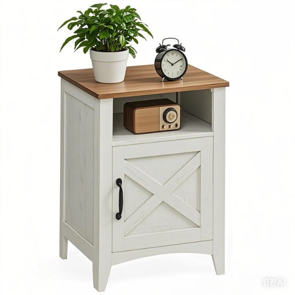 Farmhouse Nightstand with Cabinet & Open Compartment – Rustic Bedside Table, Distressed Finish, Barn Door Style, Matte Black Metal Handles, Flared Legs, Versatile Storage for Bedroom or Living Room