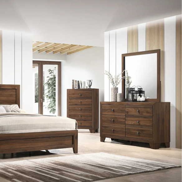 Elegant 5-Piece Cherry Brown Transitional Wood Grain Panel Bedroom Set with Timeless Style and Modern Touch