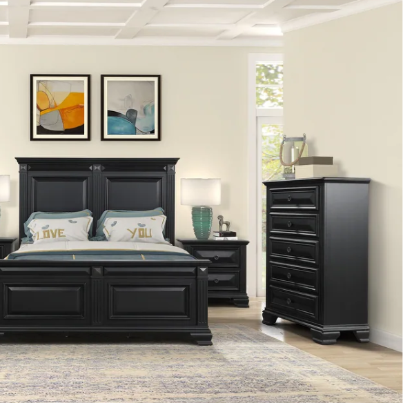 Timeless Vintage Black Wood 6-Piece Traditional Bedroom Set with Double-Panel Bed, Silvertone Accents, and Fluted Pilasters