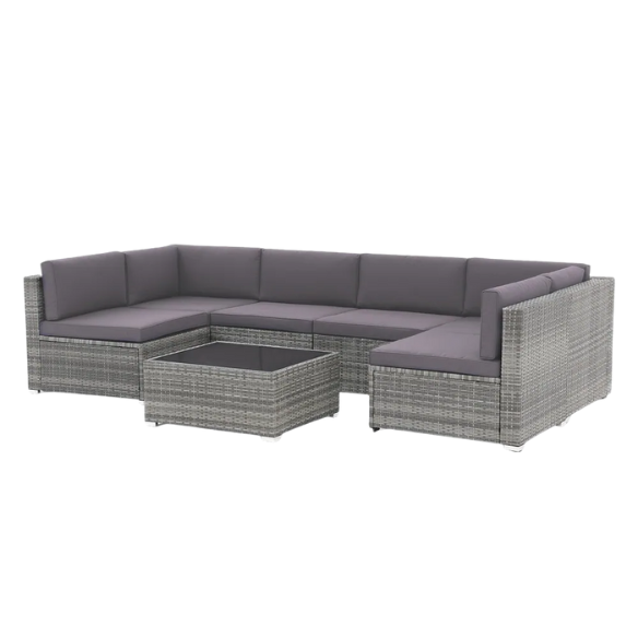 7-Piece Modular Patio Furniture Set | Wicker Outdoor Sectional Sofa with PE Rattan, Plush Pillowtop Cushions, and Coffee Table