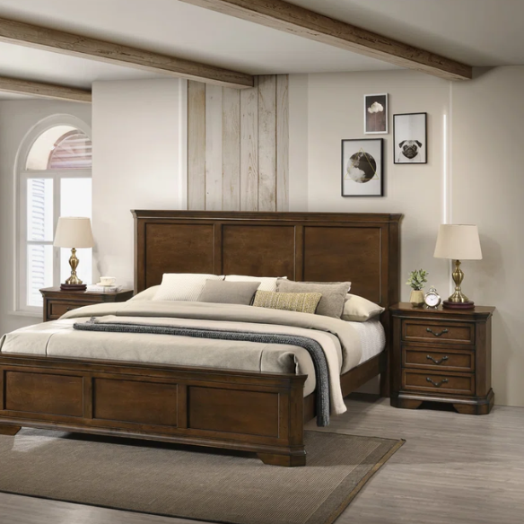 Classic Traditional Wood Queen Panel Bed with Dresser, Mirror, and Two Nightstands in Antique Walnut Finish