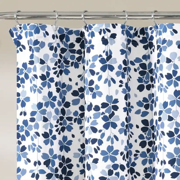 Navy, White, and Blue Weeping Flower Shower Curtain – Elegant Floral Bathroom Décor, 72" x 72"