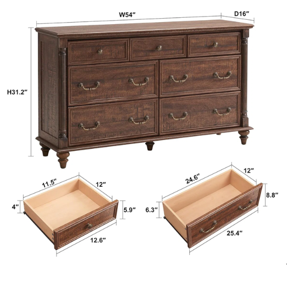 Farmhouse 7-Drawer Rustic Dresser with Two Drawer Sizes, Perfect for Bedroom or Living Room Storage