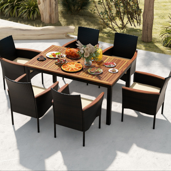7-Piece Patio Dining Set | Wicker Outdoor Dining Set with Acacia Wood Table | Perfect for Garden and Yard Gatherings