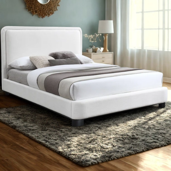 Luxurious Linen Textured Fabric King Size Upholstered Panel Bed with Solid Wood Base