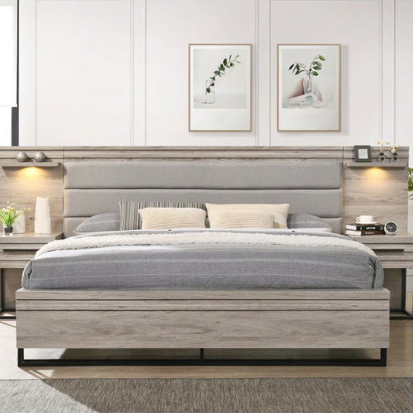 Upholstered 5-Piece Bedroom Set with Weathered Gray Finish, LED Piers, and Functional Storage