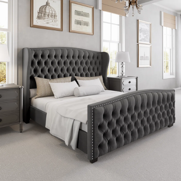 Luxurious King Size Velvet Upholstered Platform Bed Frame with Wingback Headboard – Handmade Button Tufting, Nailhead Detailing, Sturdy Construction, and No Box Spring Needed