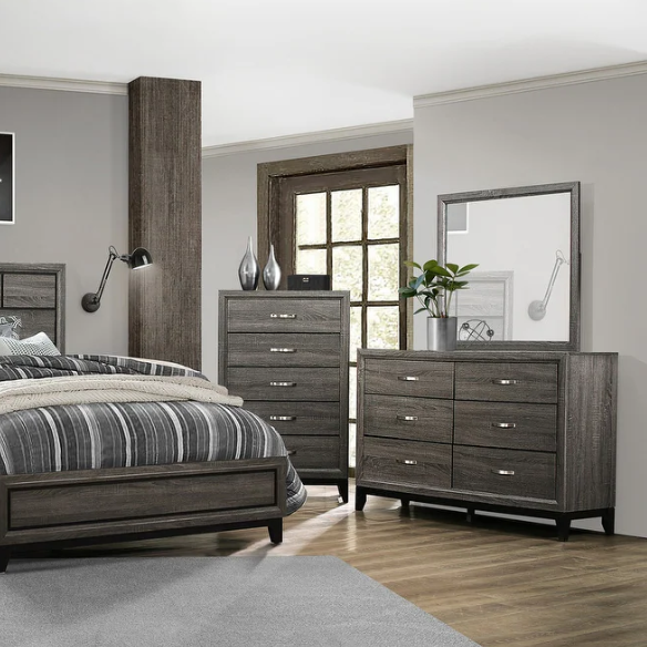 5-Piece Gray Modern Panel Bedroom Set with Wood Grain Accents & Nickel Metal Hardware