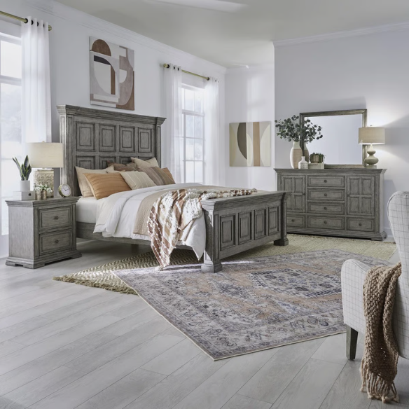 4-Piece Panel Bed, Dresser, Mirror & Nightstand Set with Antique Pewter Accents and Charging Station – Distressed Whitestone Finish, Rubberwood Solids, and Architectural Det