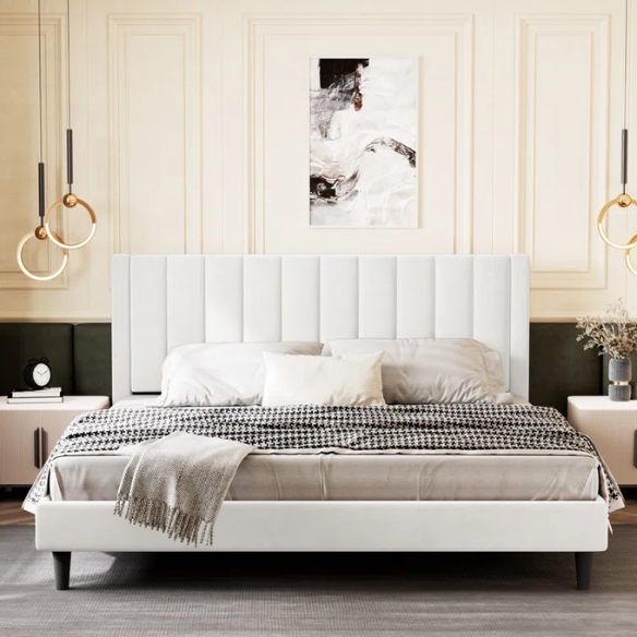King Size Upholstered Platform Bed with Velvet Headboard, Foam Padding, and Noise-Free Construction for Ultimate Comfort