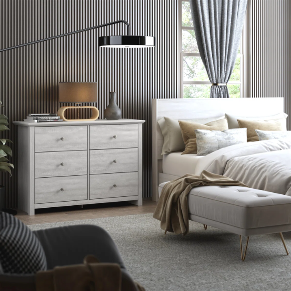 Modern 6-Drawer Double Dresser with Angled Sled Legs and Round Metal Hardware