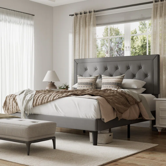 Tufted Upholstered Platform Bed – Full/Double Size with Linen Fabric, Elegant Design for Comfortable Bedrooms