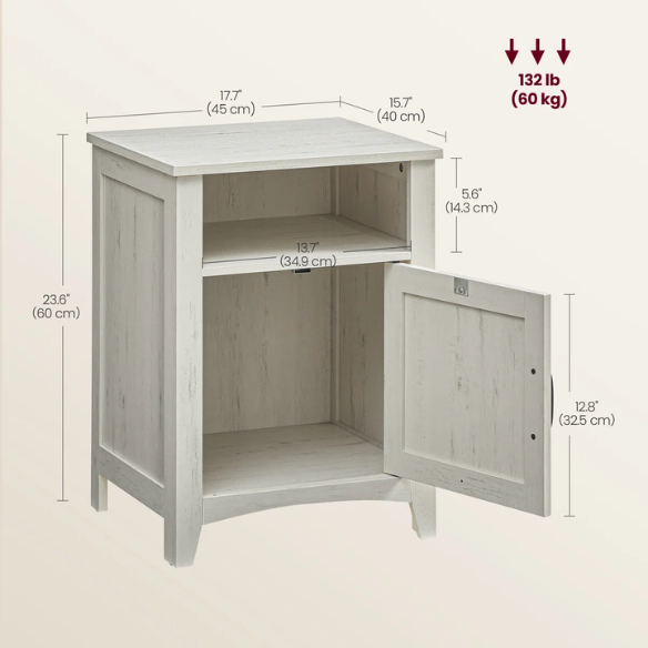 Farmhouse Nightstand with Cabinet & Open Compartment – Rustic Bedside Table, Distressed Finish, Barn Door Style, Matte Black Metal Handles, Flared Legs, Versatile Storage for Bedroom or Living Room