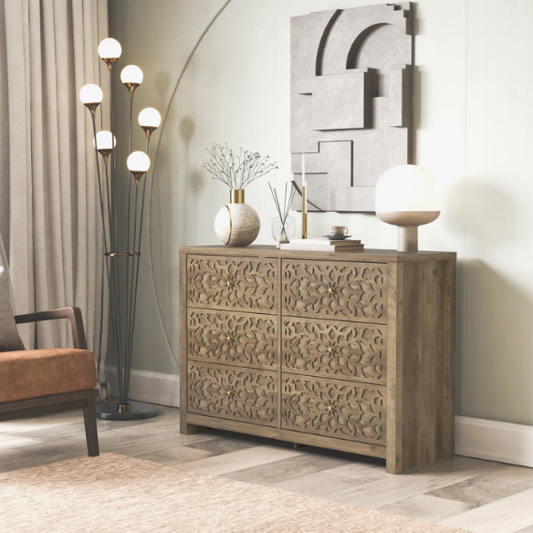 Boho-Inspired 45.4" 6-Drawer Dresser with Distressed Finish and Openwork Floral Details
