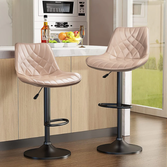 Set of 2 Adjustable Height Swivel Bar Stools with Back – Mid-Century Modern Design, Polished Chrome Base, Ergonomic Imitation Leather Seat, 360° Rotation for Kitchen Island or Bar
