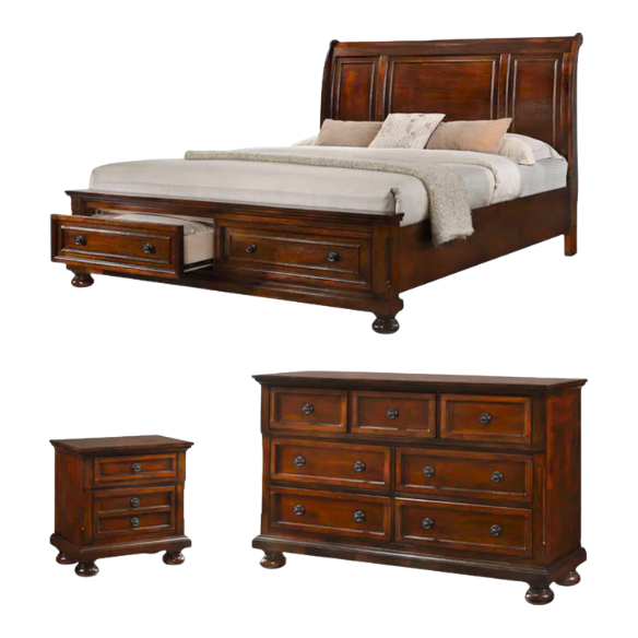 Cherry Brown King Size Platform Bedroom Set with Real Wood Veneers, Full Extension Footboard Storage Drawers, and Matching Large-Scale Dressers, Nightstands, and Mirror