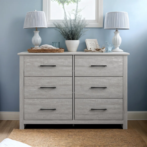 Modern 6-Drawer Double Dresser with Flared Feet and Sleek Black Metal Handles