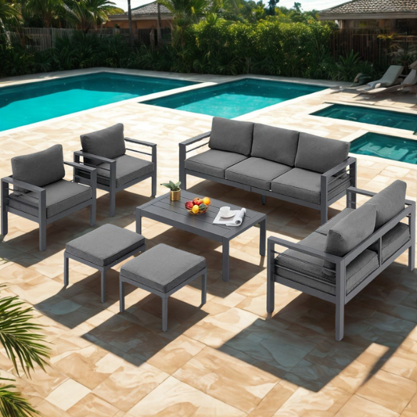 Modern Outdoor Patio Furniture Set | 7-Piece Conversation Set with Coffee Table and Cushions | Ideal for Balcony, Porch, and Lawn