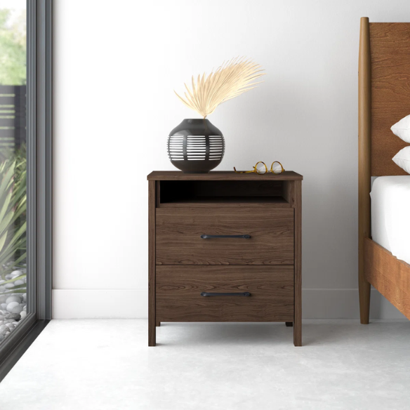 22.7" 2-Drawer Nightstand – Space-Saving Modern Minimalism, Engineered Wood with Clean-Lined Silhouette, Neutral Finish, Open Cubby & 2 Spacious Drawers for Bedroom Storage, Ideal for Tech & Accessories