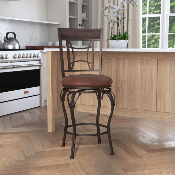 Metal Swivel Stool – Dark Chestnut Finish with Distressed Wood Rail, Geometric Back Design, Antique Brown Faux Leather Seat, 360° Swivel, Counter & Bar Height Options
